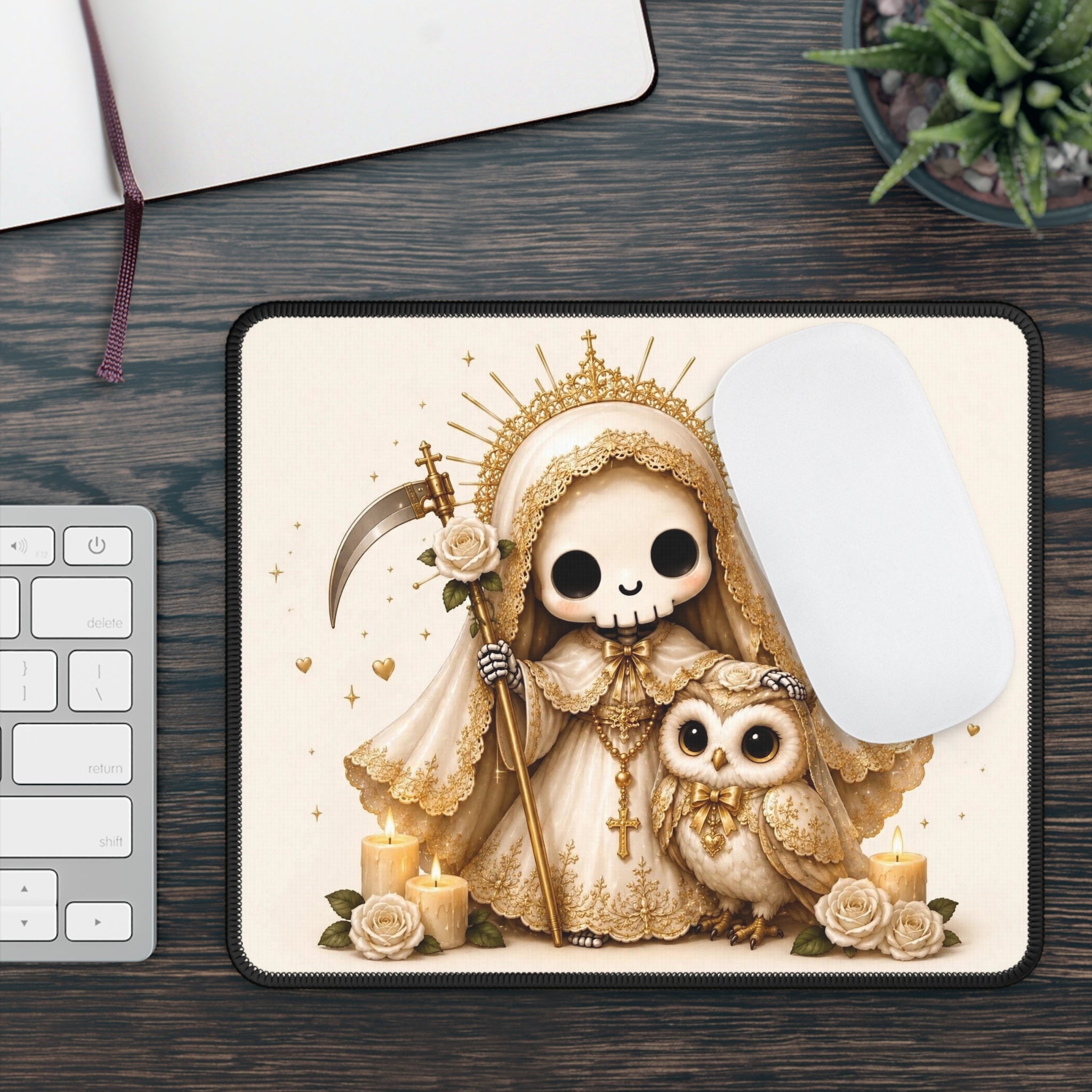 Kawaii Owl Guardian Mouse Pad – Cozy Gothic Desk Decor
