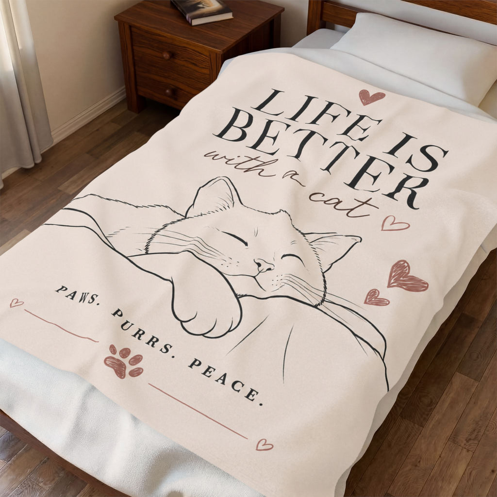Velveteen Plush Blanket - "Life Is Better With a Cat" Cozy Throw for Cat Lovers