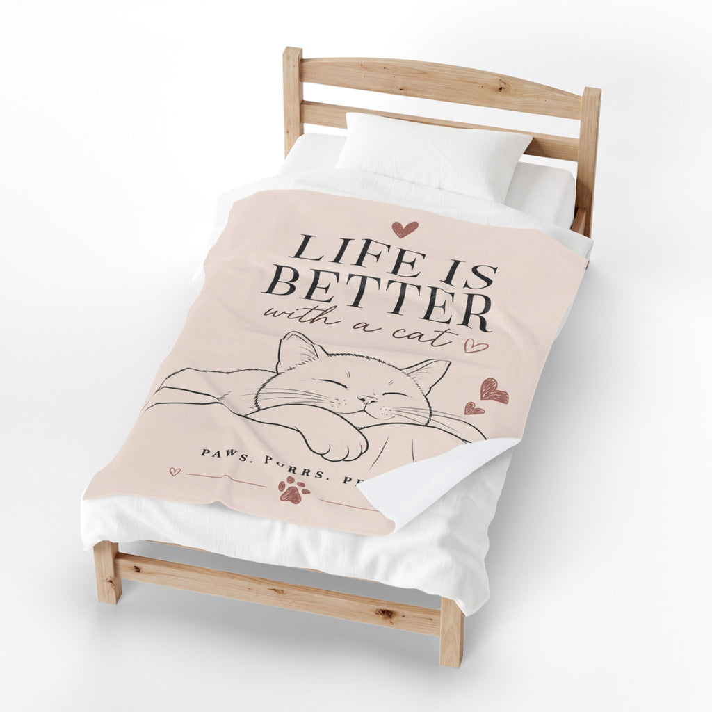 Velveteen Plush Blanket - "Life Is Better With a Cat" Cozy Throw for Cat Lovers