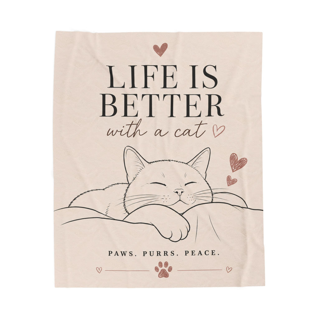 Velveteen Plush Blanket - "Life Is Better With a Cat" Cozy Throw for Cat Lovers